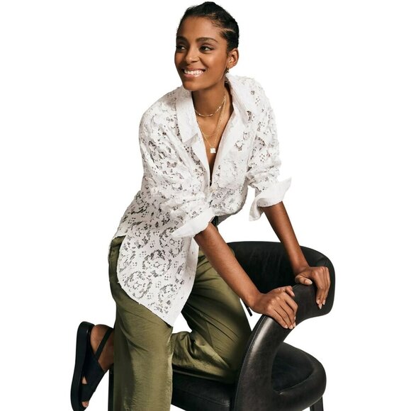 Pilcro Shirt Women Small White Lace Lacey Button Down Top Boho Cottagecore - Picture 1 of 15